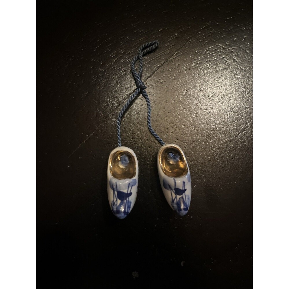 Vintage Pair Miniature Porcelain Delft Dutch Shoes Windmill Holland